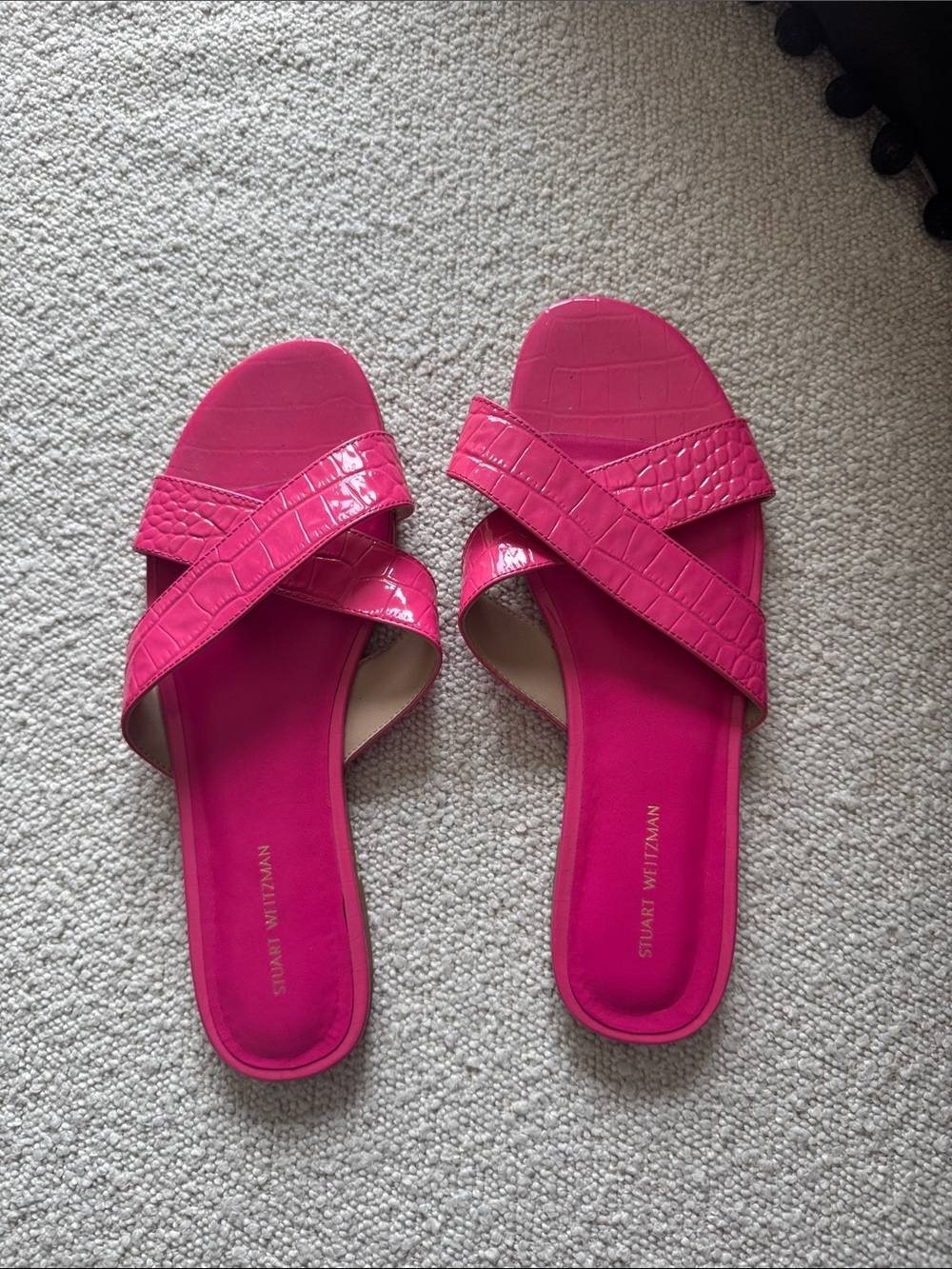 Stuart Weitzman Fuchsia Croc-Embossed Slide Sandals